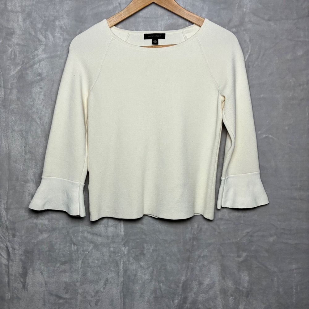 Ann Taylor Cream Bell Sleeve Knit Sweater XS Boat Neck 3/4 Sleeve Off White